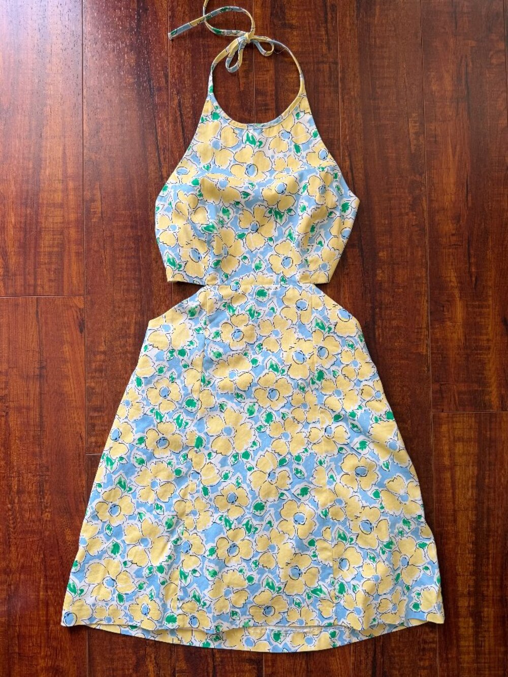 Zara Floral Cutout Halter Mini Dress Yellow Blue Size XS